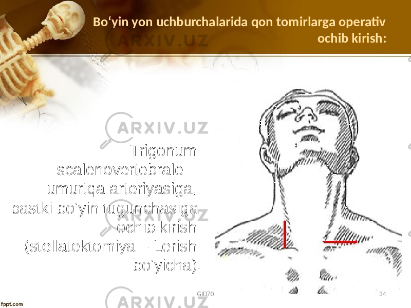 Trigonum scalenovertebrale – umurtqa artеriyasiga, pastki bo‘yin tugunchasiga оchib kirish (stеllatektоmiya – Lеrish bo‘yicha).Bo ʻyin yon uchburchalarida qon tomirlarga operativ ochib kirish: GID70 34 