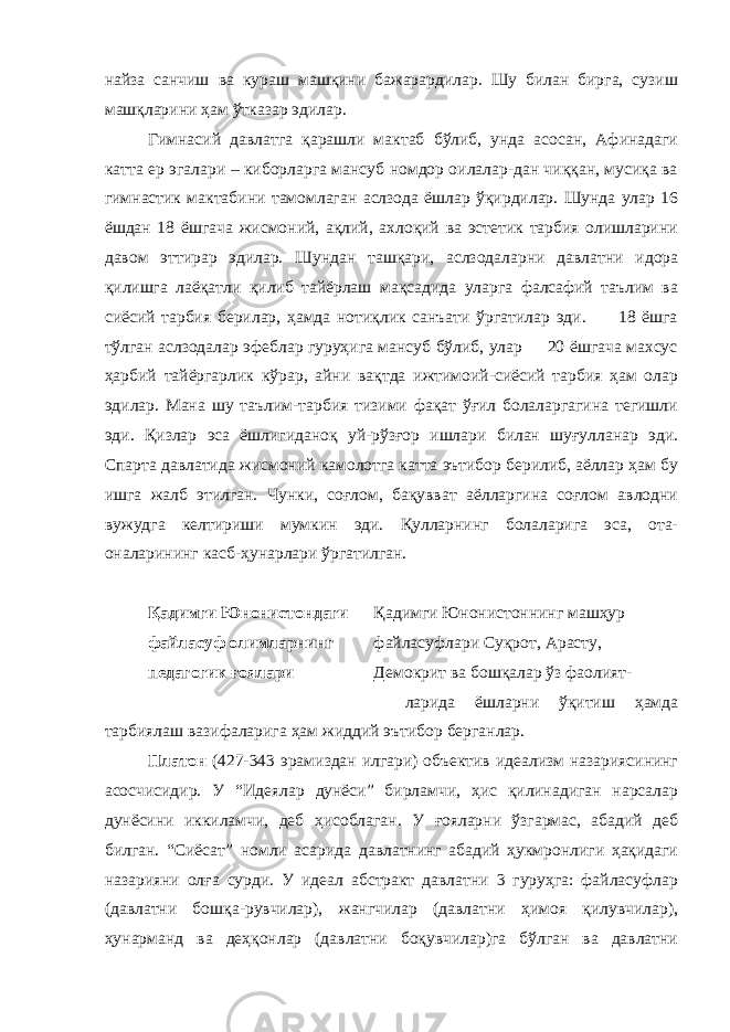 найза санчиш ва кураш машқини бажарардилар. Шу билан бирга, сузиш машқларини ҳам ўтказар эдилар. Гимнасий давлатга қарашли мактаб бўлиб, унда асосан, Афинадаги катта ер эгалари – киборларга мансуб номдор оилалар-дан чиққан, мусиқа ва гимнастик мактабини тамомлаган аслзода ёшлар ўқирдилар. Шунда улар 16 ёшдан 18 ёшгача жисмоний, ақлий, ахлоқий ва эстетик тарбия олишларини давом эттирар эдилар. Шундан ташқари, аслзодаларни давлатни идора қилишга лаёқатли қилиб тайёрлаш мақсадида уларга фалсафий таълим ва сиёсий тарбия берилар, ҳамда нотиқлик санъати ўргатилар эди. 18 ёшга тўлган аслзодалар эфеблар гуруҳига мансуб бўлиб, улар 20 ёшгача махсус ҳарбий тайёргарлик кўрар, айни вақтда ижтимоий-сиёсий тарбия ҳам олар эдилар. Мана шу таълим-тарбия тизими фақат ўғил болаларгагина тегишли эди. Қизлар эса ёшлигиданоқ уй-рўзғор ишлари билан шуғулланар эди. Спарта давлатида жисмоний камолотга катта эътибор берилиб, аёллар ҳам бу ишга жалб этилган. Чунки, соғлом, бақувват аёлларгина соғлом авлодни вужудга келтириши мумкин эди. Қулларнинг болаларига эса, ота- оналарининг касб-ҳунарлари ўргатилган. Қадимги Юнонистондаги Қадимги Юнонистоннинг машҳур файласуф олимларнинг файласуфлари Суқрот, Арасту, педагогик ғоялари Демокрит ва бошқалар ўз фаолият- ларида ёшларни ўқитиш ҳамда тарбиялаш вазифаларига ҳам жиддий эътибор берганлар. Платон (427-343 эрамиздан илгари) объектив идеализм назариясининг асосчисидир. У “Идеялар дунёси” бирламчи, ҳис қилинадиган нарсалар дунёсини иккиламчи, деб ҳисоблаган. У ғояларни ўзгармас, абадий деб билган. “Сиёсат” номли асарида давлатнинг абадий ҳукмронлиги ҳақидаги назарияни олға сурди. У идеал абстракт давлатни 3 гуруҳга: файласуфлар (давлатни бошқа-рувчилар), жангчилар (давлатни ҳимоя қилувчилар), ҳунарманд ва деҳқонлар (давлатни боқувчилар)га бўлган ва давлатни 