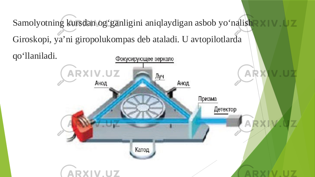 Samolyotning kursdan ogʻganligini aniqlaydigan asbob yoʻnalish Giroskopi, yaʼni giropolukompas deb ataladi. U avtopilotlarda qoʻllaniladi. 