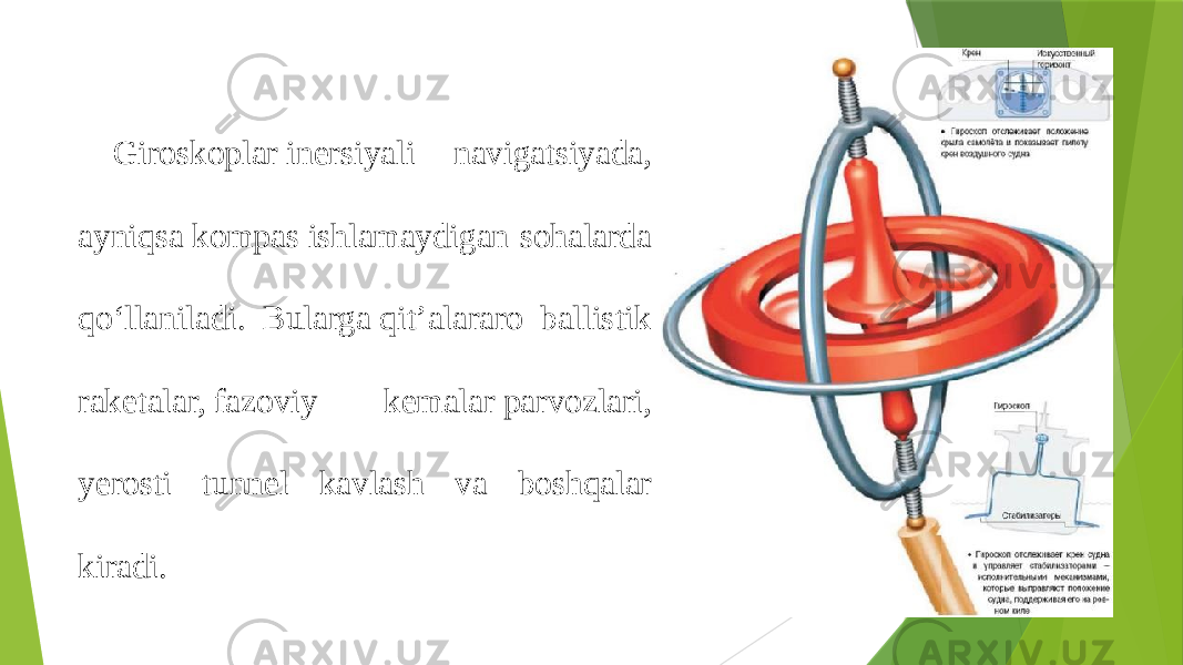 Giroskoplar inersiyali navigatsiyada, ayniqsa kompas ishlamaydigan sohalarda qoʻllaniladi. Bularga qitʼalararo ballistik raketalar, fazoviy kemalar parvozlari, yerosti tunnel kavlash va boshqalar kiradi. 