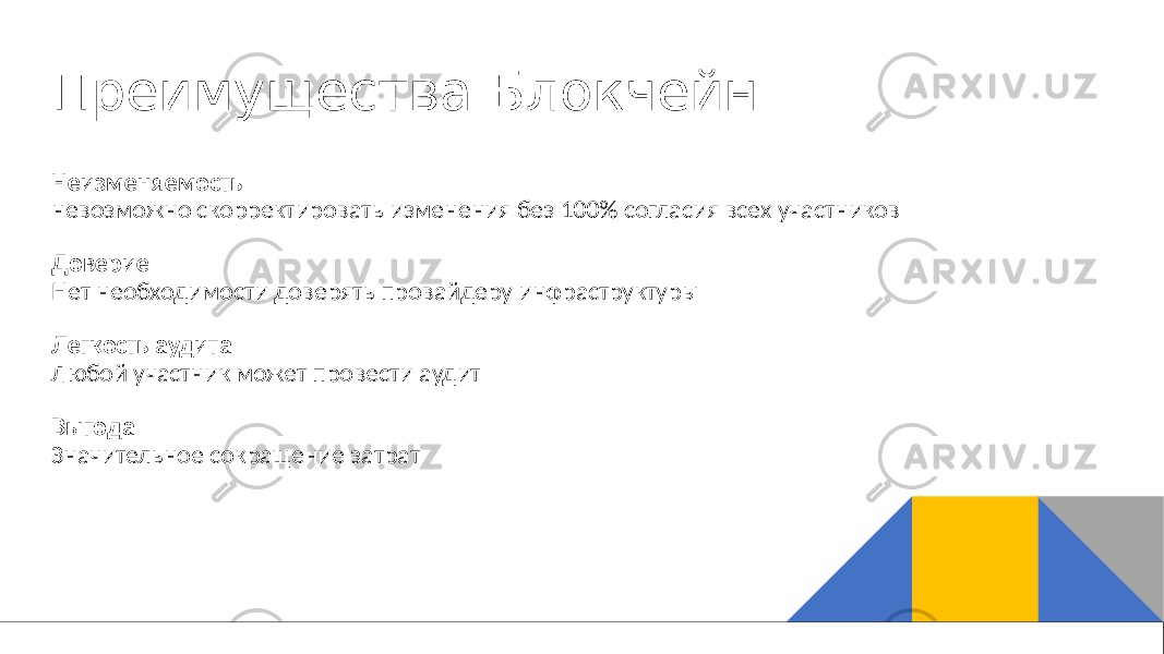 Преимущества Блокчейн Неизменяемость невозможно скорректировать изменения без 100% согласия всех участников Доверие Нет необходимости доверять провайдеру инфраструктуры Легкость аудита Любой участник может провести аудит Выгода Значительное сокращение затрат 