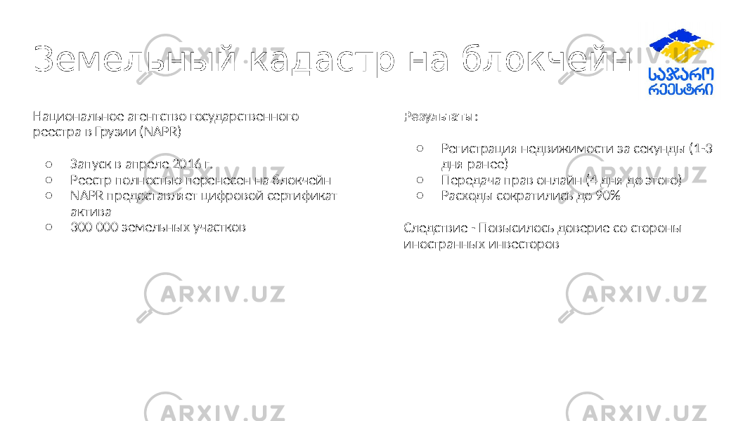 Земельный кадастр на блокчейн Национальное агентство государственного реестра в Грузии (NAPR) ● Запуск в апреле 2016 г. ● Реестр полностью перенесен на блокчейн ● NAPR предоставляет цифровой сертификат актива ● 300 000 земельных участков Результаты : ● Регистрация недвижимости за секунды (1-3 дня ранее) ● Передача прав онлайн (4 дня до этого) ● Расходы сократились до 90% Следствие - Повысилось доверие со стороны иностранных инвесторов 