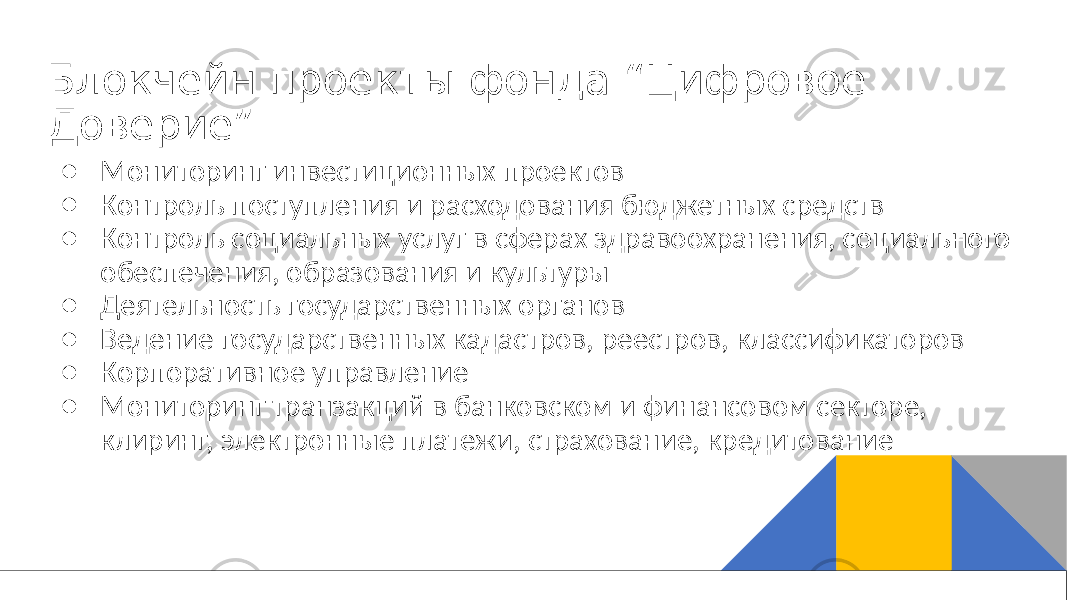 Блокчейн проекты фонда “Цифровое Доверие” ● Мониторинг инвестиционных проектов ● Контроль поступления и расходования бюджетных средств ● Контроль социальных услуг в сферах здравоохранения, социального обеспечения, образования и культуры ● Деятельность государственных органов ● Ведение государственных кадастров, реестров, классификаторов ● Корпоративное управление ● Мониторинг транзакций в банковском и финансовом секторе, клиринг, электронные платежи, страхование, кредитование 