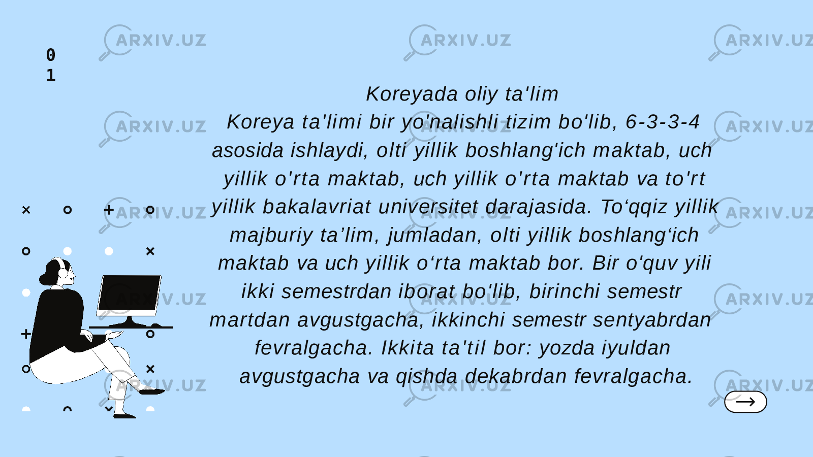 Koreyada oliy t a &#39; l i m Koreya t a &#39; l i m i b i r yo&#39;nalishli tizim b o &#39; l i b , 6 - 3 - 3 - 4 asosida ishlaydi, o l t i yi l l i k boshlang&#39;ich maktab, uch yi l li k o &#39; r t a maktab, uch yi l l i k o &#39; r t a maktab va t o &#39; r t y i ll i k bakalavriat universitet darajasida. To‘qqiz yi l l i k majburiy t a ’ l i m , jumladan, o l t i yi l l i k boshlang‘ich maktab va uch yi l l i k o ‘ r t a maktab bor. Bir o&#39;quv yili i kki semestrdan i b or a t b o &#39; l i b , birinchi semestr martdan avgustgacha, ikkinchi semestr sentyabrdan fevralgacha. Ik k i ta t a &#39; t i l bo r: yozda iyuldan avgustgacha va qishda dekabrdan fevralgacha.0 1 