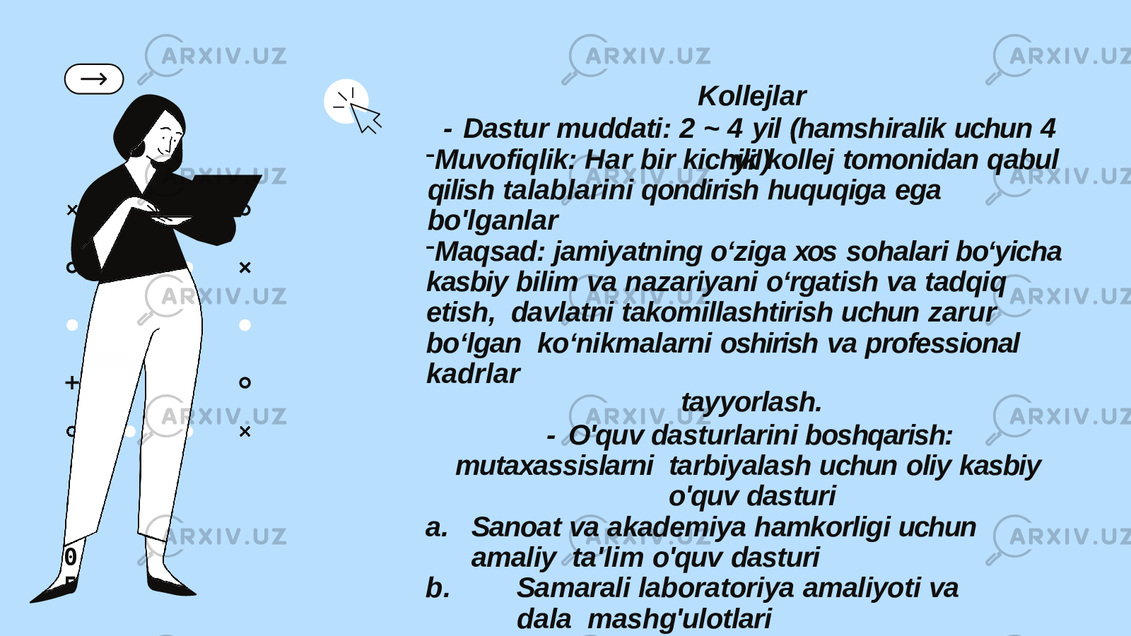 0 5 Kollejlar - Dastur muddati: 2 ~ 4 yil (hamshiralik uchun 4 yil)- Muvofiqlik: Har bir kichik kollej tomonidan qabul qilish talablarini qondirish huquqiga ega bo&#39;lganlar - Maqsad: jamiyatning o‘ziga xos sohalari bo‘yicha kasbiy bilim va nazariyani o‘rgatish va tadqiq etish, davlatni takomillashtirish uchun zarur bo‘lgan ko‘nikmalarni oshirish va professional kadrlar tayyorlash. - O&#39;quv dasturlarini boshqarish: mutaxassislarni tarbiyalash uchun oliy kasbiy o&#39;quv dasturi a. Sanoat va akademiya hamkorligi uchun amaliy ta&#39;lim o&#39;quv dasturi b. Samarali laboratoriya amaliyoti va dala mashg&#39;ulotlari c. Milliy texnik sertifikat olish uchun kasbiy ta&#39;lim 