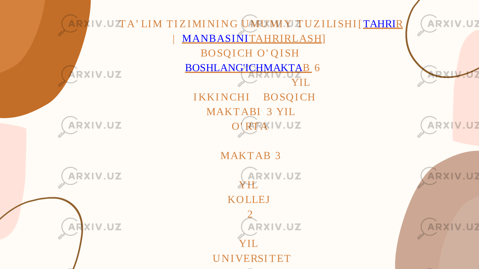 T A ʼ L I M T I Z I M I N I N G U M U M I Y T U Z I L I S H I [ T A H R I R | M A N B A S I N I TA H R I R L A S H ] B O S Q I C H O &#39; Q I S H B O S H L A N G &#39; I C H M A K T A B 6 Y I L I K K I N C H I B O S Q I C H M A K T A B I 3 Y I L O &#39; R T A M A K T A B 3 Y I L K O LL E J 2 Y I L U N I V E R S I T E T 4 Y I L 