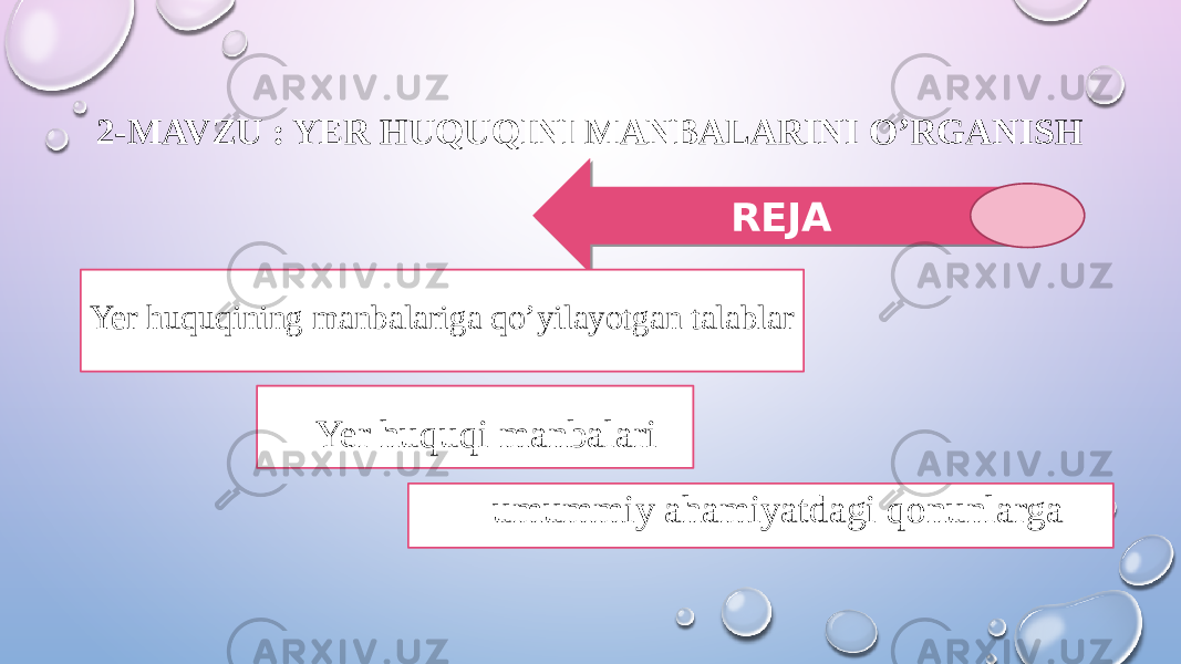 2-MAVZU : YER HUQUQINI MANBALARINI O’RGANISH REJA Yer huquqining manbalariga qo’yilayotgan talablar Yer huquqi manbalari umummiy ahamiyatdagi qonunlarga01 