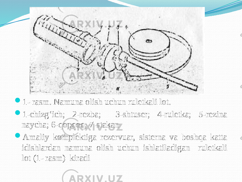  1- rasm. Namuna olish uchun ruletkali lot.  1-chizg‘ich; 2-rezba; 3-shtuser; 4-ruletka; 5-rezina naycha; 6-qopqoq; 7-stakan  Amaliy komplektiga rezervuar, sisterna va boshqa katta idishlardan namuna olish uchun ishlatiladigan ruletkali lot (1- rasm) kiradi 