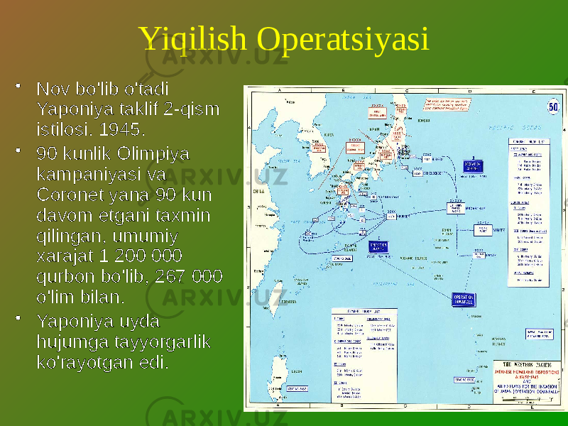 Yiqilish Operatsiyasi • Nov bo&#39;lib o&#39;tadi Yaponiya taklif 2-qism istilosi. 1945. • 90 kunlik Olimpiya kampaniyasi va Coronet yana 90 kun davom etgani taxmin qilingan, umumiy xarajat 1 200 000 qurbon bo&#39;lib, 267 000 o&#39;lim bilan. • Yaponiya uyda hujumga tayyorgarlik ko&#39;rayotgan edi. 