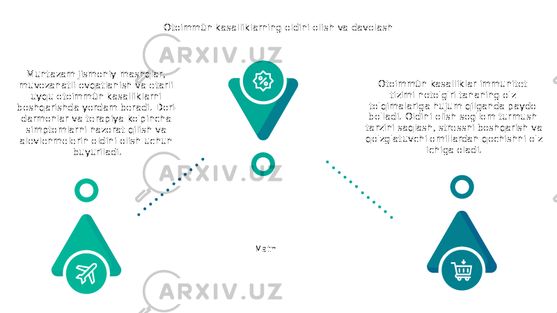 Otoimmün kasalliklarning oldini olish va davolash Otoimmün kasalliklar immunitet tizimi noto&#39;g&#39;ri tananing o&#39;z to&#39;qimalariga hujum qilganda paydo bo&#39;ladi. Oldini olish sog&#39;lom turmush tarzini saqlash, stressni boshqarish va qo&#39;zg&#39;atuvchi omillardan qochishni o&#39;z ichiga oladi. MatnMuntazam jismoniy mashqlar, muvozanatli ovqatlanish va etarli uyqu otoimmün kasalliklarni boshqarishda yordam beradi. Dori- darmonlar va terapiya ko&#39;pincha simptomlarni nazorat qilish va alevlenmelerin oldini olish uchun buyuriladi. 