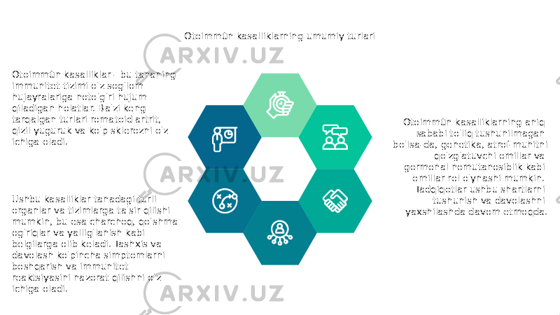 Otoimmün kasalliklarning umumiy turlari Otoimmün kasalliklar - bu tananing immunitet tizimi o&#39;z sog&#39;lom hujayralariga noto&#39;g&#39;ri hujum qiladigan holatlar. Ba&#39;zi keng tarqalgan turlari romatoid artrit, qizil yuguruk va ko&#39;p sklerozni o&#39;z ichiga oladi. Ushbu kasalliklar tanadagi turli organlar va tizimlarga ta&#39;sir qilishi mumkin, bu esa charchoq, qo&#39;shma og&#39;riqlar va yallig&#39;lanish kabi belgilarga olib keladi. Tashxis va davolash ko&#39;pincha simptomlarni boshqarish va immunitet reaktsiyasini nazorat qilishni o&#39;z ichiga oladi. Otoimmün kasalliklarning aniq sababi to&#39;liq tushunilmagan bo&#39;lsa-da, genetika, atrof-muhitni qo&#39;zg&#39;atuvchi omillar va gormonal nomutanosiblik kabi omillar rol o&#39;ynashi mumkin. Tadqiqotlar ushbu shartlarni tushunish va davolashni yaxshilashda davom etmoqda. 