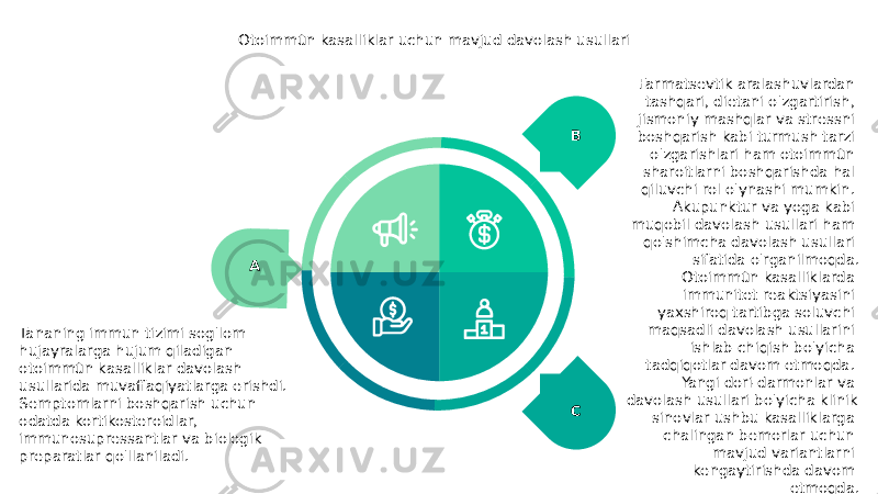 Otoimmün kasalliklar uchun mavjud davolash usullari A Tananing immun tizimi sog&#39;lom hujayralarga hujum qiladigan otoimmün kasalliklar davolash usullarida muvaffaqiyatlarga erishdi. Semptomlarni boshqarish uchun odatda kortikosteroidlar, immunosupressantlar va biologik preparatlar qo&#39;llaniladi. B Farmatsevtik aralashuvlardan tashqari, dietani o&#39;zgartirish, jismoniy mashqlar va stressni boshqarish kabi turmush tarzi o&#39;zgarishlari ham otoimmün sharoitlarni boshqarishda hal qiluvchi rol o&#39;ynashi mumkin. Akupunktur va yoga kabi muqobil davolash usullari ham qo&#39;shimcha davolash usullari sifatida o&#39;rganilmoqda. C Otoimmün kasalliklarda immunitet reaktsiyasini yaxshiroq tartibga soluvchi maqsadli davolash usullarini ishlab chiqish bo&#39;yicha tadqiqotlar davom etmoqda. Yangi dori-darmonlar va davolash usullari bo&#39;yicha klinik sinovlar ushbu kasalliklarga chalingan bemorlar uchun mavjud variantlarni kengaytirishda davom etmoqda. 