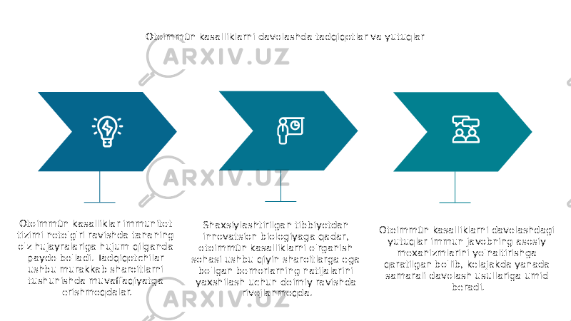 Otoimmün kasalliklarni davolashda tadqiqotlar va yutuqlar Otoimmün kasalliklar immunitet tizimi noto&#39;g&#39;ri ravishda tananing o&#39;z hujayralariga hujum qilganda paydo bo&#39;ladi. Tadqiqotchilar ushbu murakkab sharoitlarni tushunishda muvaffaqiyatga erishmoqdalar. Otoimmün kasalliklarni davolashdagi yutuqlar immun javobning asosiy mexanizmlarini yo&#39;naltirishga qaratilgan bo&#39;lib, kelajakda yanada samarali davolash usullariga umid beradi.Shaxsiylashtirilgan tibbiyotdan innovatsion biologiyaga qadar, otoimmün kasalliklarni o&#39;rganish sohasi ushbu qiyin sharoitlarga ega bo&#39;lgan bemorlarning natijalarini yaxshilash uchun doimiy ravishda rivojlanmoqda. 