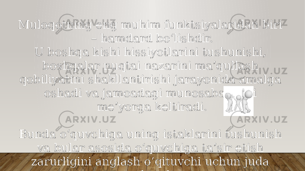 Muloqotning eng muhim funktsiyalaridan biri – hamdard bo‘lishdir. U boshqa kishi hissiyotlarini tushunishi, boshqalar nuqtai nazarini ma’qullash qobiliyatini shakllantirishi jarayonida amalga oshadi va jamoadagi munosabatlarni me’yorga keltiradi. Bunda o‘quvchiga uning istaklarini tushunish va bular asosida o‘quvchiga ta’sir etish zarurligini anglash o‘qituvchi uchun juda muhimdir. 