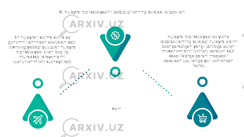 8. Hujayra replikatsiyasini tadqiq qilishning kelajak istiqbollari Hujayra replikatsiyasi bo&#39;yicha tadqiqotlarning kelajagi hujayra siklini boshqaradigan yangi tartibga solish mexanizmlarini ochish, saraton kabi kasalliklarga qarshi maqsadli davolash usullariga yo&#39;l ochishdan iborat. MatnBir hujayrali ketma-ketlik va genomni tahrirlash vositalari kabi texnologiyadagi yutuqlar hujayra replikatsiyasi bilan bog&#39;liq murakkab jarayonlarni tushunishimizni kuchaytiradi. 