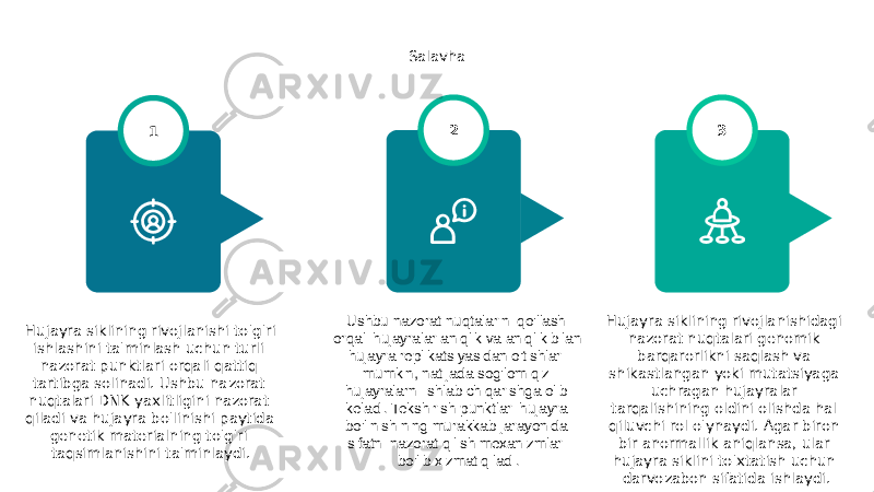 Salavha Hujayra siklining rivojlanishi to&#39;g&#39;ri ishlashini ta&#39;minlash uchun turli nazorat punktlari orqali qattiq tartibga solinadi. Ushbu nazorat nuqtalari DNK yaxlitligini nazorat qiladi va hujayra bo&#39;linishi paytida genetik materialning to&#39;g&#39;ri taqsimlanishini ta&#39;minlaydi. 1 Hujayra siklining rivojlanishidagi nazorat nuqtalari genomik barqarorlikni saqlash va shikastlangan yoki mutatsiyaga uchragan hujayralar tarqalishining oldini olishda hal qiluvchi rol o&#39;ynaydi. Agar biron bir anormallik aniqlansa, ular hujayra siklini to&#39;xtatish uchun darvozabon sifatida ishlaydi. 3 Ushbu nazorat nuqtalarini qo&#39;llash orqali hujayralar aniqlik va aniqlik bilan hujayra replikatsiyasidan o&#39;tishlari mumkin, natijada sog&#39;lom qiz hujayralarni ishlab chiqarishga olib keladi. Tekshirish punktlari hujayra bo&#39;linishining murakkab jarayonida sifatni nazorat qilish mexanizmlari bo&#39;lib xizmat qiladi. 2 