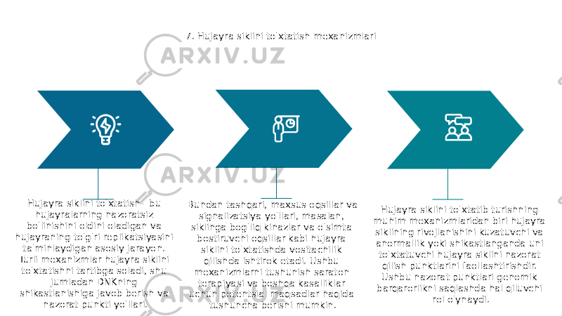 7. Hujayra siklini to&#39;xtatish mexanizmlari Hujayra siklini to&#39;xtatish - bu hujayralarning nazoratsiz bo&#39;linishini oldini oladigan va hujayraning to&#39;g&#39;ri replikatsiyasini ta&#39;minlaydigan asosiy jarayon. Turli mexanizmlar hujayra siklini to&#39;xtatishni tartibga soladi, shu jumladan DNKning shikastlanishiga javob berish va nazorat punkti yo&#39;llari. Hujayra siklini to&#39;xtatib turishning muhim mexanizmlaridan biri hujayra siklining rivojlanishini kuzatuvchi va anormallik yoki shikastlanganda uni to&#39;xtatuvchi hujayra siklini nazorat qilish punktlarini faollashtirishdir. Ushbu nazorat punktlari genomik barqarorlikni saqlashda hal qiluvchi rol o&#39;ynaydi.Bundan tashqari, maxsus oqsillar va signalizatsiya yo&#39;llari, masalan, siklinga bog&#39;liq kinazlar va o&#39;simta bostiruvchi oqsillar kabi hujayra siklini to&#39;xtatishda vositachilik qilishda ishtirok etadi. Ushbu mexanizmlarni tushunish saraton terapiyasi va boshqa kasalliklar uchun potentsial maqsadlar haqida tushuncha berishi mumkin. 