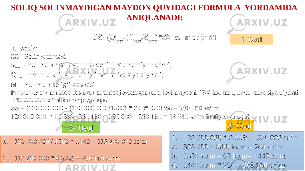 1. 120 000 000 * 0.33% = 396 000 so’m 2. 396 000 / 1500 kv.m = 264 so’m 3. 1500 kv.m – 60 kv.m= 1440 kv.m 4. 1440 kv.m * 264 = 380 160 so’mSOLIQ SOLINMAYDIGAN MAYDON QUYIDAGI FORMULA YORDAMIDA ANIQLANADI: SS=(Q um -(Q um /S um )*60 kv. metr)*M bu yerda: SS - Soliq summasi S um - mol-mulk egallagan maydonining umumiy miqdori; Q um - mol-mulkning umumiy inventarizatsiya qiymati; M - mol-mulk solig’i stavkasi. Pensioner o‘z mulkida Toshkent shahrida joylashgan turar joyi maydoni 1500 kv. metr, inventarizatsiya qiymati 120 000 000 so‘mlik turar joyga ega. SS = (120 000 000 - (120 000 000 /1500) * 60 )* 0.033% = 380 160 so’m 120 000 000 * 0,33% - 380 160 = 396 000 – 380 160 = 13 840 so’m imtiyozga ega! 1. 120 000 000 / 1500 * 1440 = 115 200 000 so’m 2. 115 200 000 * 0,33% = 380 160 so’m 1- Usul 2- Usul 3- Usul 