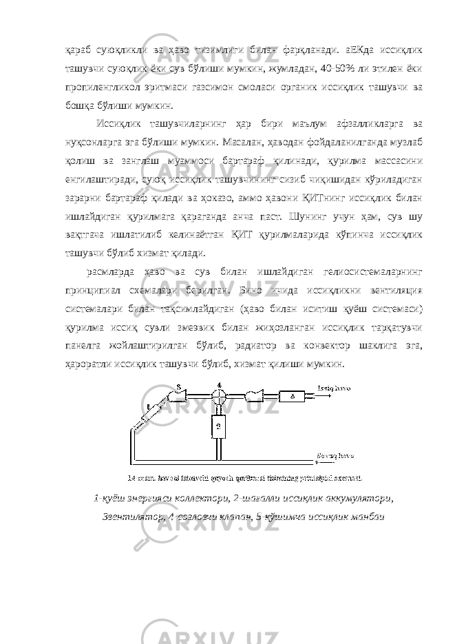 қараб суюқликли ва ҳаво тизимлиги билан фарқланади. аЕКда иссиқлик ташувчи суюқлик ёки сув бўлиши мумкин, жумладан, 40-50% ли этилен ёки пропиленгликол эритмаси газсимон смоласи органик иссиқлик ташувчи ва бошқа бўлиши мумкин. Иссиқлик ташувчиларнинг ҳар бири маълум афзалликларга ва нуқсонларга эга бўлиши мумкин. Масалан, ҳаводан фойдаланилганда музлаб қолиш ва занглаш муаммоси бартараф қилинади, қурилма массасини енгилаштиради, суюқ иссиқлик ташувчининг сизиб чиқишидан кўриладиган зарарни бартараф қилади ва ҳоказо, аммо ҳавони ҚИТнинг иссиқлик билан ишлайдиган қурилмага қараганда анча паст. Шунинг учун ҳам, сув шу вақтгача ишлатилиб келинаётган ҚИТ қурилмаларида кўпинча иссиқлик ташувчи бўлиб хизмат қилади. расмларда ҳаво ва сув билан ишлайдиган гелиосистемаларнинг принципиал схемалари берилган. Бино ичида иссиқликни вентиляция системалари билан тақсимлайдиган (ҳаво билан иситиш қуёш системаси) қурилма иссиқ сувли змеэвик билан жиҳозланган иссиқлик тарқатувчи панелга жойлаштирилган бўлиб, радиатор ва конвектор шаклига эга, ҳароратли иссиқлик ташувчи бўлиб, хизмат қилиши мумкин. 1-қуёш энергияси коллектори, 2-шағалли иссиқлик аккумулятори, 3вентилятор, 4-созловчи клапан, 5-қўшимча иссиқлик манбаи 