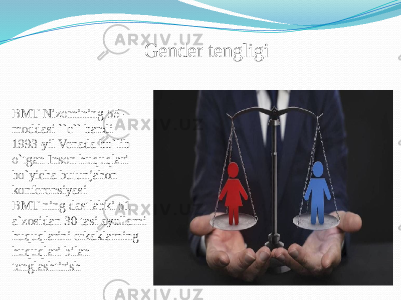 Gender tengligi BMT Nizomining 55- moddasi ``c`` bandi 1993-yil Venada bo`lib o`tgan Inson huquqlari bo`yicha butunjahon konferensiyasi BMT ning dastlabki 51 a`zosidan 30 tasi ayollarni huquqlarini erkaklarning huquqlari bilan tenglashtirish 