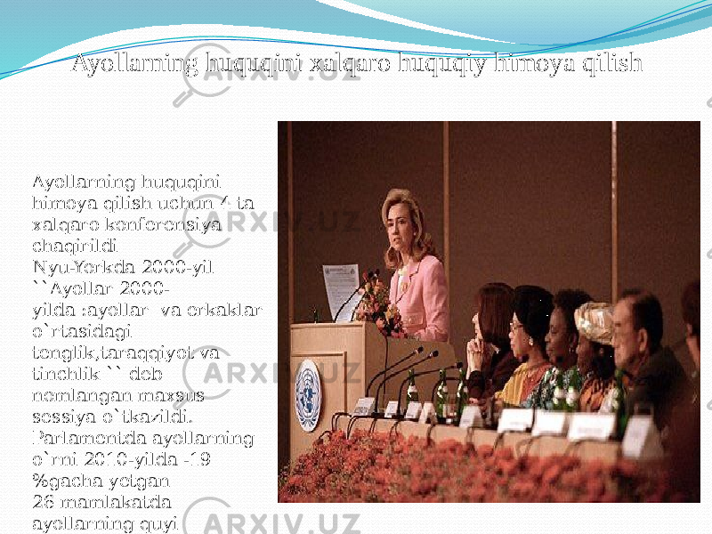 Ayollarning huquqini xalqaro huquqiy himoya qilish Ayollarning huquqini himoya qilish uchun 4 ta xalqaro konferensiya chaqirildi Nyu-Yorkda 2000-yil ``Ayollar 2000- yilda :ayollar va erkaklar o`rtasidagi tenglik,taraqqiyot va tinchlik `` deb nomlangan maxsus sessiya o`tkazildi. Parlamentda ayollarning o`rni 2010-yilda -19 %gacha yetgan 26 mamlakatda ayollarning quyi palatadagi o`rni 30%,7 mamlakatda 40% ni egallaydi. 