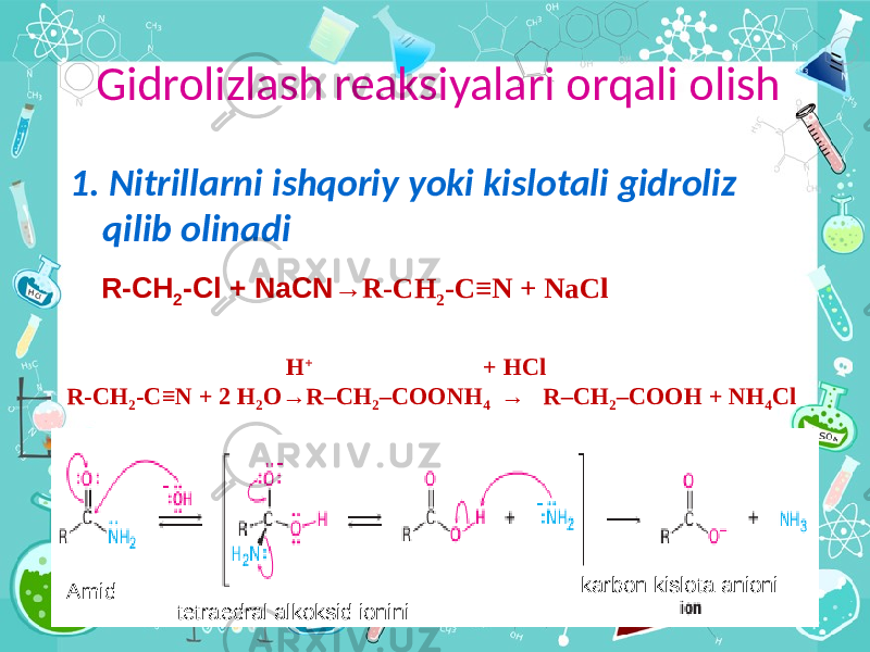 Gidrolizlash reaksiyalari orqali olish 1. Nitrillarni ishqoriy yoki kislotali gidroliz qilib olinadi R-СН 2 -Cl + NaCN →R-CH 2 -C≡N + NaCl H + + HCl R-CH 2 -C≡N + 2 H 2 O→R–CH 2 –COONH 4 → R–CH 2 –COOH + NH 4 Cl tetraedral alkoksid ionini karbon kislota anioni Amid 