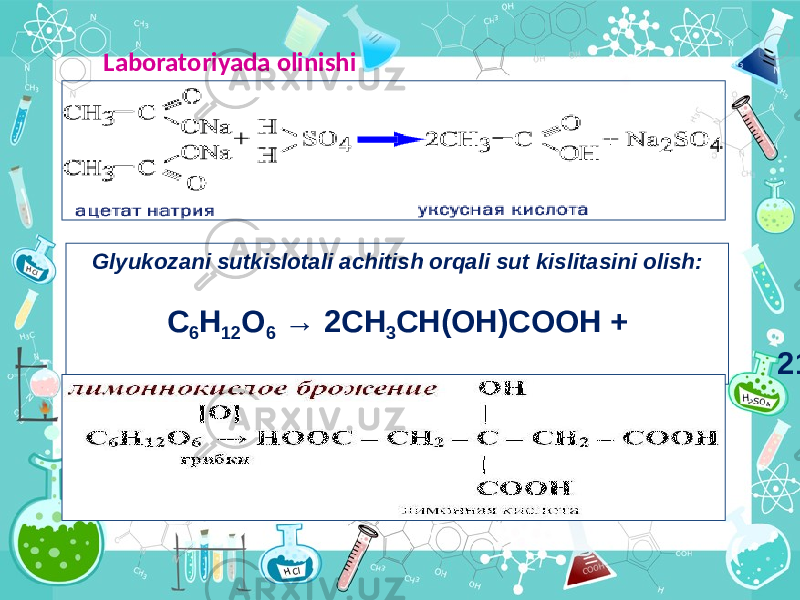 Laboratoriyada olinishi Glyukozani sutkislotali achitish orqali sut kislitasini olish: C 6 H 12 O 6  → 2CH 3 CH(OH)COOH + 21,8·10 4  Дж 