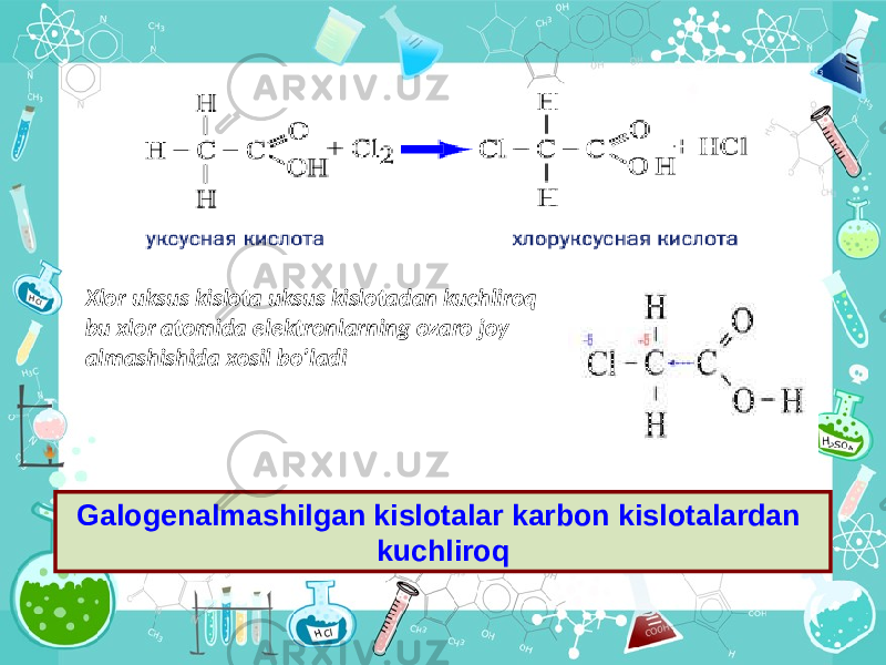 Xlor uksus kislota uksus kislotadan kuchliroq bu xlor atomida elektronlarning ozaro joy almashishida xosil bo’ladi Galogenalmashilgan kislotalar karbon kislotalardan kuchliroq 