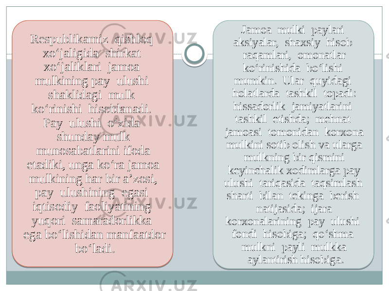 Respublikamiz qishloq xo‘jaligida shirkat xo‘jaliklari jamoa mulkining pay ulushi shaklidagi mulk ko‘rinishi hisoblanadi. Pay ulushi o‘zida shunday mulk munosabatlarini ifoda etadiki, unga ko‘ra jamoa mulkining har bir a’zosi, pay ulushining egasi iqtisodiy faoliyatining yuqori samaradorlikka ega bo‘lishidan manfaatdor bo‘ladi. Jamoa mulki paylari aksiyalar, shaxsiy hisob raqamlari, omonatlar ko‘rinishida bo‘lishi mumkin. Ular quyidagi holatlarda tashkil topadi: hissadorlik jamiyatlarini tashkil etishda; mehnat jamoasi tomonidan korxona mulkini sotib olish va ularga mulkning bir qismini keyinchalik xodimlarga pay ulushi tariqasida taqsimlash sharti bilan tekinga berish natijasida; ijara korxonalarining pay ulushi fondi hisobiga; qo‘shma mulkni payli mulkka aylantirish hisobiga. 22 1E151819 1E 0B 12 101518 4F 12 0B 09 0B 23 0F 1602111505 09 0115180D 50 04 05 101518 0B 07 070F12 0C 1904 0B 0B020D10 1009 020D02 12 0804 1015 14 0B 04 