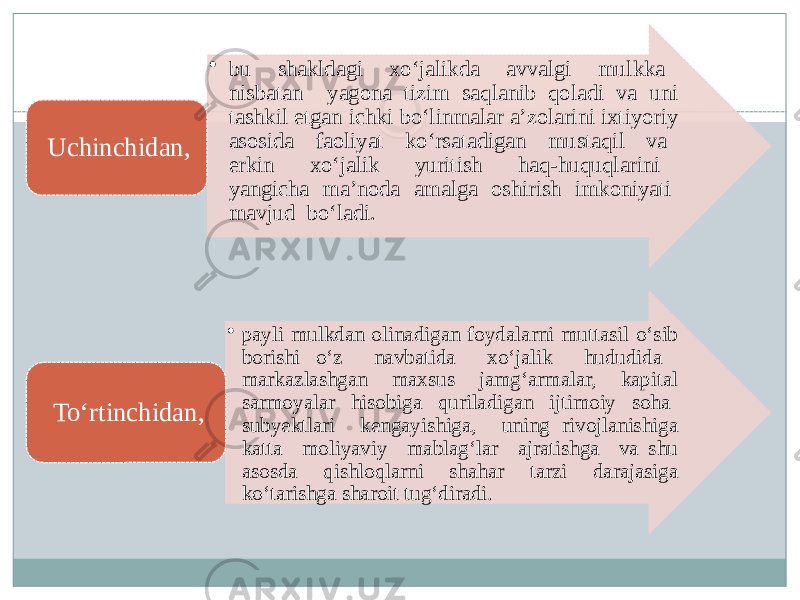 • bu shakldagi xo‘jalikda avvalgi mulkka nisbatan yagona tizim saqlanib qoladi va uni tashkil etgan ichki bo‘linmalar a’zolarini ixtiyoriy asosida faoliyat ko‘rsatadigan mustaqil va erkin xo‘jalik yuritish haq-huquqlarini yangicha ma’noda amalga oshirish imkoniyati mavjud bo‘ladi.Uchinchidan, • payli mulkdan olinadigan foydalarni muttasil o‘sib borishi o‘z navbatida xo‘jalik hududida markazlashgan maxsus jamg‘armalar, kapital sarmoyalar hisobiga quriladigan ijtimoiy soha subyektlari kengayishiga, uning rivojlanishiga katta moliyaviy mablag‘lar ajratishga va shu asosda qishloqlarni shahar tarzi darajasiga ko‘tarishga sharoit tug‘diradi. To‘rtinchidan, 