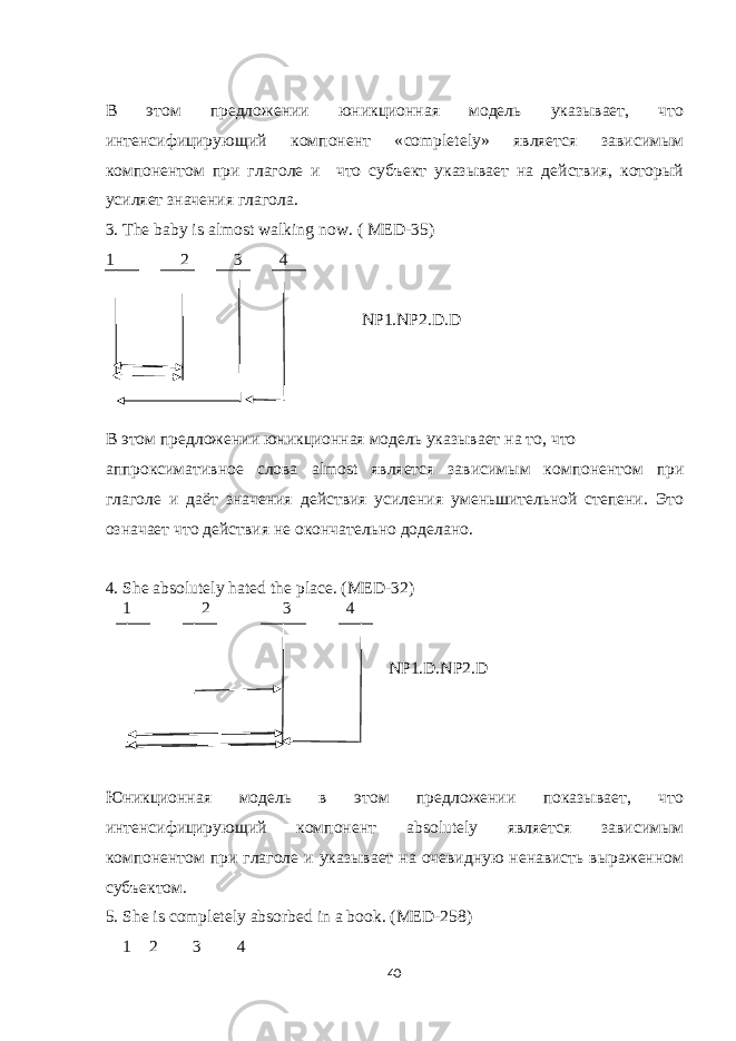 В этом предложении юникционная модель указывает, что интенсифицирующий компонент « completely » является зависимым компонентом при глаголе и что субъект указывает на действия, который у c иляет значения глагола. 3. The baby is almost walking now. ( MED -35) 1 2 3 4 NP 1. NP 2. D . D В этом предложении юникционная модель указывает на то, что аппроксимативное слова almost является зависимым компонентом при глаголе и даёт значения действия усиления уменьшительной степени. Это означает что действия не окончательно доделано. 4. She absolutely hated the place . ( MED -32) 1 2 3 4 NP 1. D . NP 2. D Юникционная модель в этом предложении показывает, что интенсифицирующий компонент absolutely является зависимым компонентом при глаголе и указывает на очевидную ненависть выраженном субъектом. 5. She is completely absorbed in a book. ( MED -258) 1 2 3 4 40 