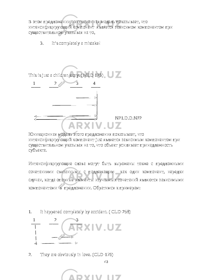 В этом предложении юникционная модель показывает, что интенсифицирующий компонент является зависимом компонентом при существительном указывая на то, 3. It’s completely a mistake! This is just a children story. (MED-123) 1 2 3 4 NP 1. D . D . NP 2 Юникционная модель этого предложения показывает, что интенсифицирующий компонент just является зависимым компонентом при существительном указывая на то, что объект усиливает принадлежность субъекта. Интенсифицирующие слова могут быть выражены также с предложными сочетаниями связанными с подлежащим как один компонент, нередки случаи, когда опорные элементы изучаемых сочетаний являются зависимыми компонентами в предложении. Обратимся к примерам: 1. It happened completely by accident. ( CLD-258) 1 2 3 2. They are obviously in love. (CLD-176) 43 