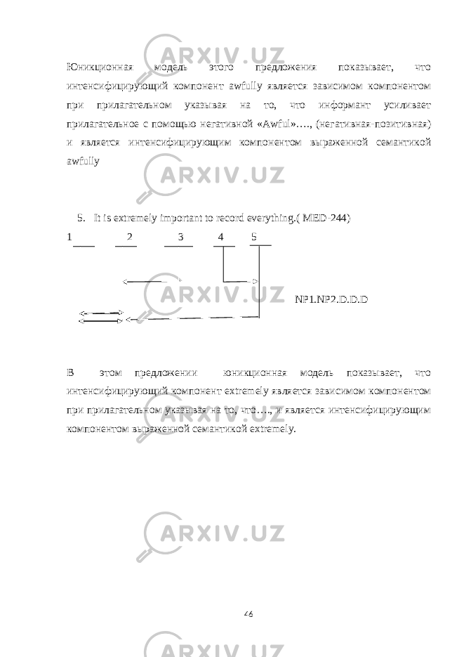 Юникционная модель этого предложения показывает, что интенсифицирующий компонент awfully является зависимом компонентом при прилагательном указывая на то, что информант усиливает прилагательное с помощью негативной « Awful »…., (негативная-позитивная) и является интенсифицирующим компонентом выраженной семантикой awfully 5. It is extremely important to record everything.( MED -244) 1 2 3 4 5 NP 1. NP 2. D . D . D В этом предложении юникционная модель показывает, что интенсифицирующий компонент extremely является зависимом компонентом при прилагательном указывая на то, что…., и является интенсифицирующим компонентом выраженной семантикой extremely . 46 