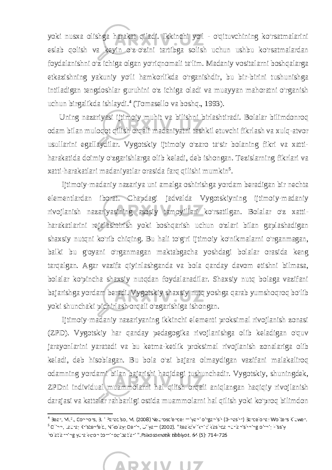 yoki nusxa olishga harakat qiladi. Ikkinchi yo&#39;l - o&#39;qituvchining ko&#39;rsatmalarini eslab qolish va keyin o&#39;z-o&#39;zini tartibga solish uchun ushbu ko&#39;rsatmalardan foydalanishni o&#39;z ichiga olgan yo&#39;riqnomali ta&#39;lim. Madaniy vositalarni boshqalarga etkazishning yakuniy yo&#39;li hamkorlikda o&#39;rganishdir, bu bir-birini tushunishga intiladigan tengdoshlar guruhini o&#39;z ichiga oladi va muayyan mahoratni o&#39;rganish uchun birgalikda ishlaydi. 4 (Tomasello va boshq., 1993). Uning nazariyasi ijtimoiy muhit va bilishni birlashtiradi. Bolalar bilimdonroq odam bilan muloqot qilish orqali madaniyatni tashkil etuvchi fikrlash va xulq-atvor usullarini egallaydilar. Vygotskiy ijtimoiy o&#39;zaro ta&#39;sir bolaning fikri va xatti- harakatida doimiy o&#39;zgarishlarga olib keladi, deb ishongan. Tezislarning fikrlari va xatti-harakatlari madaniyatlar orasida farq qilishi mumkin 5 . Ijtimoiy-madaniy nazariya uni amalga oshirishga yordam beradigan bir nechta elementlardan iborat. Chapdagi jadvalda Vygotskiyning ijtimoiy-madaniy rivojlanish nazariyasining asosiy tamoyillari ko&#39;rsatilgan. Bolalar o&#39;z xatti- harakatlarini rejalashtirish yoki boshqarish uchun o&#39;zlari bilan gaplashadigan shaxsiy nutqni ko&#39;rib chiqing. Bu hali to&#39;g&#39;ri ijtimoiy ko&#39;nikmalarni o&#39;rganmagan, balki bu g&#39;oyani o&#39;rganmagan maktabgacha yoshdagi bolalar orasida keng tarqalgan. Agar vazifa qiyinlashganda va bola qanday davom etishni bilmasa, bolalar ko&#39;pincha shaxsiy nutqdan foydalanadilar. Shaxsiy nutq bolaga vazifani bajarishga yordam beradi. Vygotskiy shaxsiy nutq yoshga qarab yumshoqroq bo&#39;lib yoki shunchaki pichirlash orqali o&#39;zgarishiga ishongan. Ijtimoiy-madaniy nazariyaning ikkinchi elementi proksimal rivojlanish zonasi (ZPD). Vygotskiy har qanday pedagogika rivojlanishga olib keladigan o&#39;quv jarayonlarini yaratadi va bu ketma-ketlik proksimal rivojlanish zonalariga olib keladi, deb hisoblagan. Bu bola o&#39;zi bajara olmaydigan vazifani malakaliroq odamning yordami bilan bajarishi haqidagi tushunchadir. Vygotskiy, shuningdek, ZPDni individual muammolarni hal qilish orqali aniqlangan haqiqiy rivojlanish darajasi va kattalar rahbarligi ostida muammolarni hal qilish yoki ko&#39;proq bilimdon 4 Bear, M.F., Connors, B. i Paradiso, M. (2008) Neuroscience: miyani o&#39;rganish (3-nashr) Barcelona: Wolters Kluwer. 5 Glinn, Laura; Kristenfeld, Nikolay; Gerin, Uilyam (2002). &#34;Reaktivlikni tiklashda nurlanishning o&#39;rni; Hissiy holatlarning yurak-qon tomir oqibatlari &#34;. Psixosomatik tibbiyot . 64 (5): 714–726 