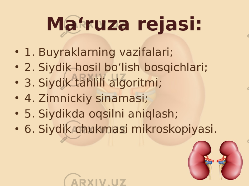 Ma‘ruza rejasi: • 1. Buyraklarning vazifalari; • 2. Siydik hosil bo‘lish bosqichlari; • 3. Siydik tahlili algoritmi; • 4. Zimnickiy sinamasi; • 5. Siydikda oqsilni aniqlash; • 6. Siydik chukmasi mikroskopiyasi. 