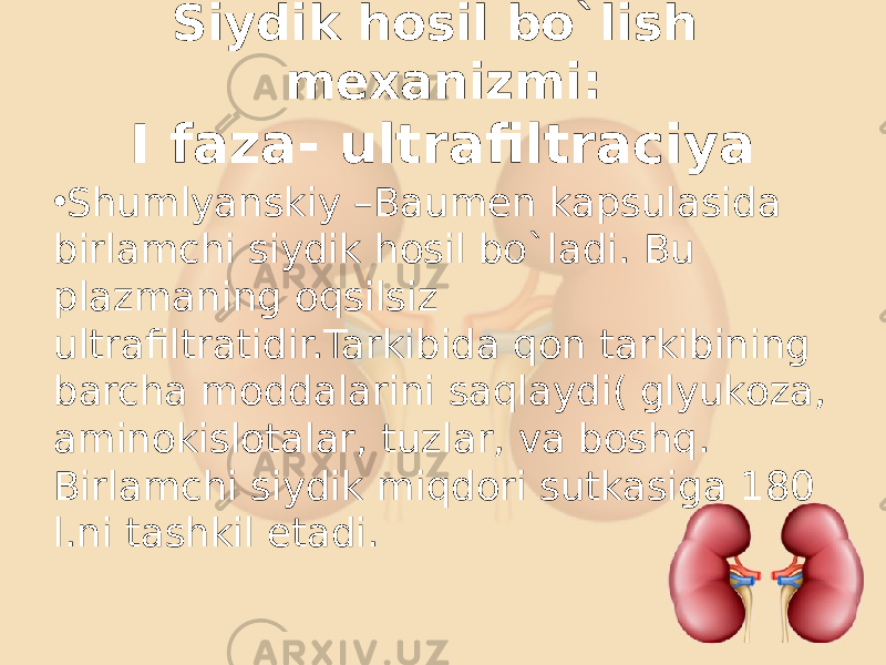 Siydik hosil bo`lish mexanizmi: І faza- ultrafiltraciya • Shumlyanskiy –Baumen kapsulasida birlamchi siydik hosil bo`ladi. Bu plazmaning oqsilsiz ultrafiltratidir.Tarkibida qon tarkibining barcha moddalarini saqlaydi( glyukoza, aminokislotalar, tuzlar, va boshq. Birlamchi siydik miqdori sutkasiga 180 l.ni tashkil etadi. 