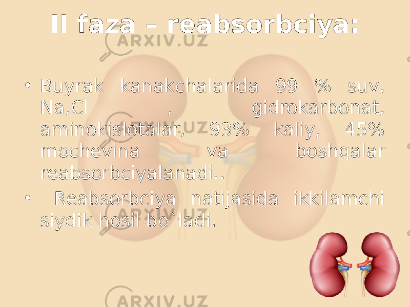 ІІ faza – reabsorbciya: • Buyrak kanakchalarida 99 % suv, Na,Cl , gidrokarbonat, aminokislotalar, 93% kaliy, 45% mochevina va boshqalar reabsorbciyalanadi.. • Reabsorbciya natijasida ikkilamchi siydik hosil bo`ladi. 