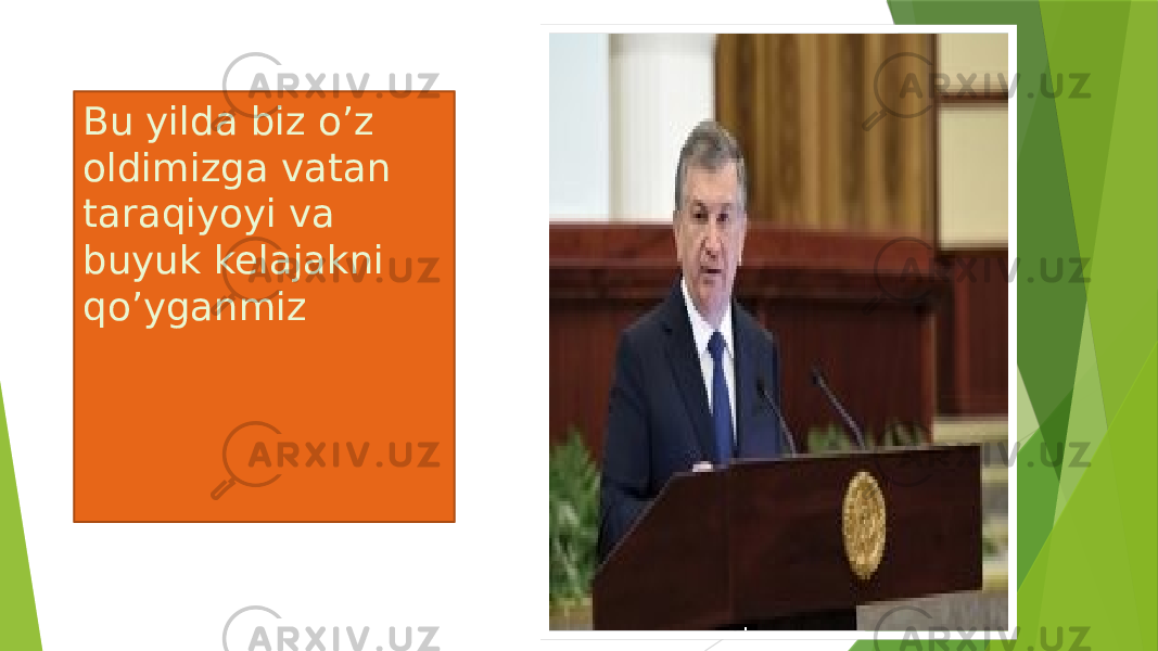 Bu yilda biz o’z oldimizga vatan taraqiyoyi va buyuk kelajakni qo’yganmiz 