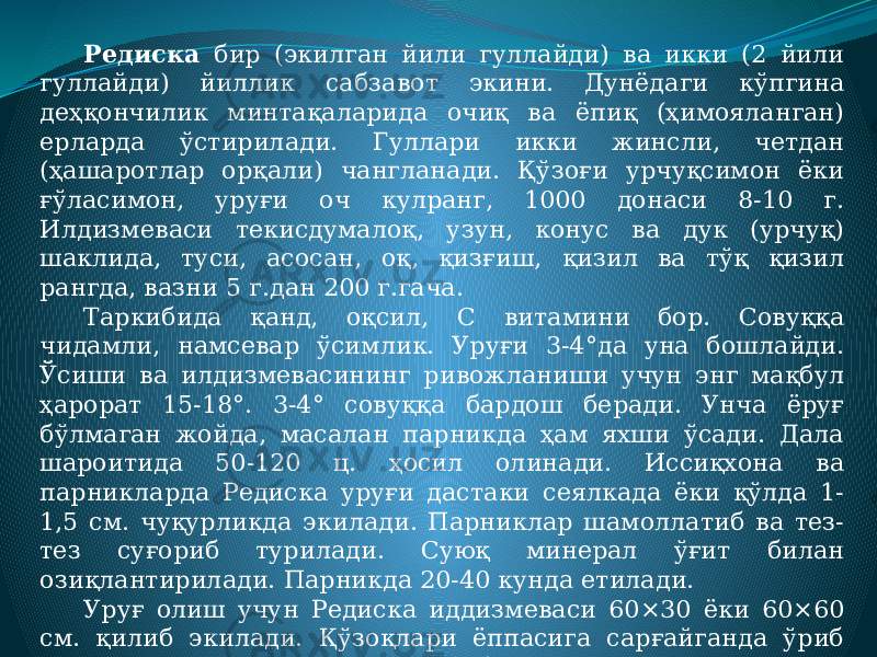 Редиска бир (экилган йили гуллайди) ва икки (2 йили гуллайди) йиллик сабзавот экини. Дунёдаги кўпгина деҳқончилик минтақаларида очиқ ва ёпиқ (ҳимояланган) ерларда ўстирилади. Гуллари икки жинсли, четдан (ҳашаротлар орқали) чангланади. Қўзоғи урчуқсимон ёки ғўласимон, уруғи оч кулранг, 1000 донаси 8-10 г. Илдизмеваси текисдумалоқ, узун, конус ва дук (урчуқ) шаклида, туси, асосан, оқ, қизғиш, қизил ва тўқ қизил рангда, вазни 5 г.дан 200 г.гача. Таркибида қанд, оқсил, С витамини бор. Совуққа чидамли, намсевар ўсимлик. Уруғи 3-4°да уна бошлайди. Ўсиши ва илдизмевасининг ривожланиши учун энг мақбул ҳарорат 15-18°. 3-4° совуққа бардош беради. Унча ёруғ бўлмаган жойда, масалан парникда ҳам яхши ўсади. Дала шароитида 50-120 ц. ҳосил олинади. Иссиқхона ва парникларда Редиска уруғи дастаки сеялкада ёки қўлда 1- 1,5 см. чуқурликда экилади. Парниклар шамоллатиб ва тез- тез суғориб турилади. Суюқ минерал ўғит билан озиқлантирилади. Парникда 20-40 кунда етилади. Уруғ олиш учун Редиска иддизмеваси 60×30 ёки 60×60 см. қилиб экилади. Қўзоқлари ёппасига сарғайганда ўриб олинади, қуригандан кейин янчиб, сараланади. Ҳар гектарга ердан 12-15 ц. уруғ олинади. Уруғининг унувчанлиги 4-5 йил сақланади. 