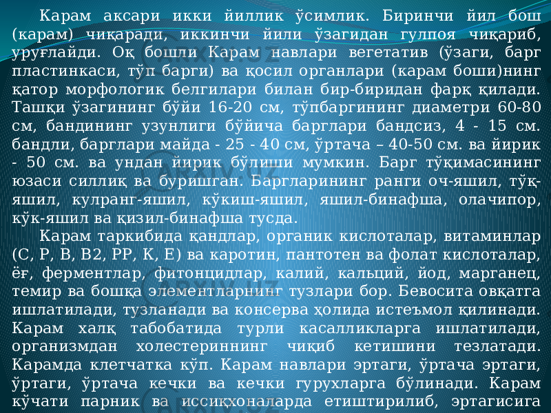 Карам аксари икки йиллик ўсимлик. Биринчи йил бош (карам) чиқаради, иккинчи йили ўзагидан гулпоя чиқариб, уруғлайди. Оқ бошли Карам навлари вегетатив (ўзаги, барг пластинкаси, тўп барги) ва қосил органлари (карам боши)нинг қатор морфологик белгилари билан бир-биридан фарқ қилади. Ташқи ўзагининг бўйи 16-20 см, тўпбаргининг диаметри 60-80 см, бандининг узунлиги бўйича барглари бандсиз, 4 - 15 см. бандли, барглари майда - 25 - 40 см, ўртача – 40-50 см. ва йирик - 50 см. ва ундан йирик бўлиши мумкин. Барг тўқимасининг юзаси силлиқ ва буришган. Баргларининг ранги оч-яшил, тўқ- яшил, кулранг-яшил, кўкиш-яшил, яшил-бинафша, олачипор, кўк-яшил ва қизил-бинафша тусда. Карам таркибида қандлар, органик кислоталар, витаминлар (С, Р, В, В2, РР, К, Е) ва каротин, пантотен ва фолат кислоталар, ёғ, ферментлар, фитонцидлар, калий, кальций, йод, марганец, темир ва бошқа элементларнинг тузлари бор. Бевосита овқатга ишлатилади, тузланади ва консерва ҳолида истеъмол қилинади. Карам халқ табобатида турли касалликларга ишлатилади, организмдан холестериннинг чиқиб кетишини тезлатади. Карамда клетчатка кўп. Карам навлари эртаги, ўртача эртаги, ўртаги, ўртача кечки ва кечки гурухларга бўлинади. Карам кўчати парник ва иссиқхоналарда етиштирилиб, эртагисига февраль охири ва март бошларида (60×60 см, 70х70 см. схемада), ўртагиси апрель - май бошларида, кечкиси июль охири ва июль бошларида (70×70 см. схемада) экилади. 