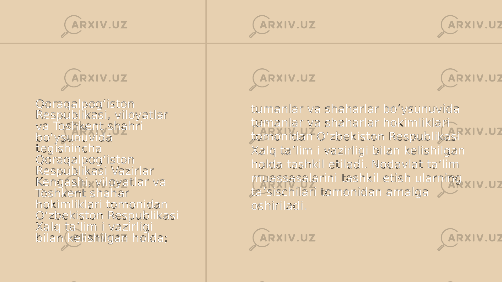 Qoraqalpog‘iston Respublikasi, viloyatlar va Toshkent shahri bo‘ysunuvida tegishincha Qoraqalpog‘iston Respublikasi Vazirlar Kengashi, viloyatlar va Toshkent shahar hokimliklari tomonidan O‘zbekiston Respublikasi Xalq ta’lim i vazirligi bilan kelishilgan holda; tumanlar va shaharlar bo‘ysunuvida tumanlar va shaharlar hokimliklari tomonidan O‘zbekiston Respublikasi Xalq ta’lim i vazirligi bilan kelishilgan holda tashkil etiladi. Nodavlat ta’lim muassasalarini tashkil etish ularning ta’sischilari tomonidan amalga oshiriladi. 