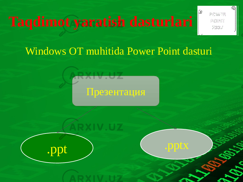 Taqdimot yaratish dasturlari Windows OT muhitida Power Point dasturi Презентация .ppt .pptx 