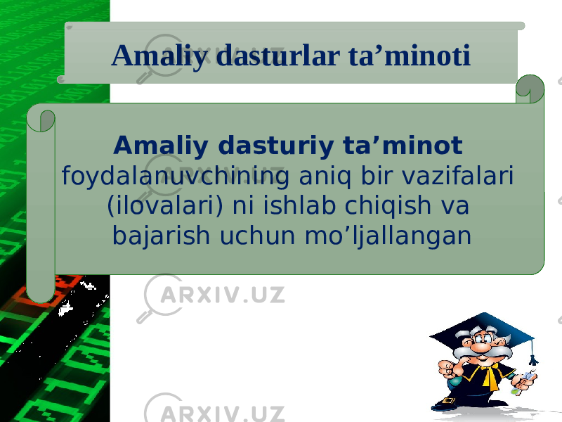 Amaliy dasturlar ta’minoti Amaliy dasturiy ta’minot foydalanuvchining aniq bir vazifalari (ilovalari) ni ishlab chiqish va bajarish uchun mo’ljallangan 