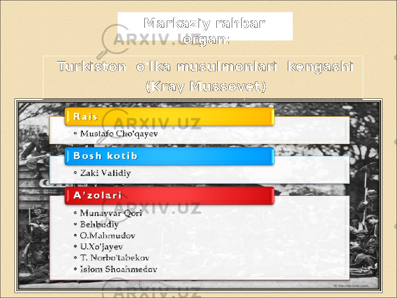 Markaziy rahbar organ : Turkiston o&#39;lka musulmonlari kengashi (Kray Mussovet) 