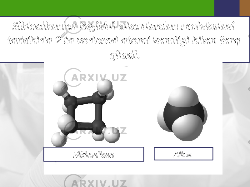 Sikloalkanlar tegishli alkanlardan molekulasi tarkibida 2 ta vodorod atomi kamligi bilan farq qiladi. Sikloalkan Alkan 