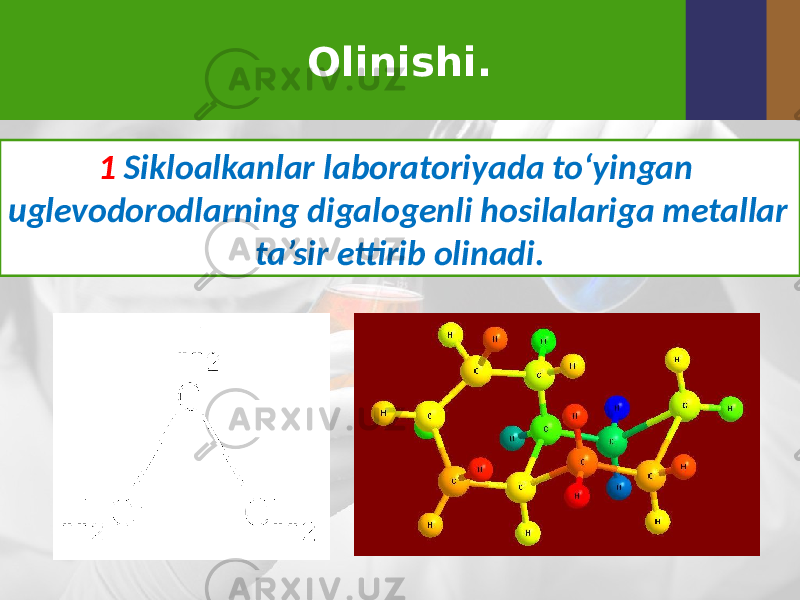 Olinishi. 1 Sikloalkanlar laboratoriyada to‘yingan uglevodorodlarning digalogenli hosilalariga metallar ta’sir ettirib olinadi. 
