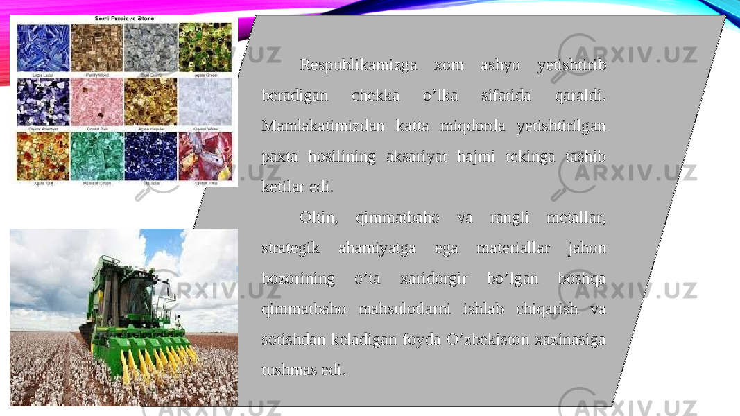 Respublikamizga xom ashyo yetishtirib beradigan chekka o’lka sifatida qaraldi. Mamlakatimizdan katta miqdorda yetishtirilgan paxta hosilining aksariyat hajmi tekinga tashib ketilar edi. Oltin, qimmatbaho va rangli metallar, strategik ahamiyatga ega materiallar jahon bozorining o’ta xaridorgir bo’lgan boshqa qimmatbaho mahsulotlarni ishlab chiqarish va sotishdan keladigan foyda O’zbekiston xazinasiga tushmas edi. 