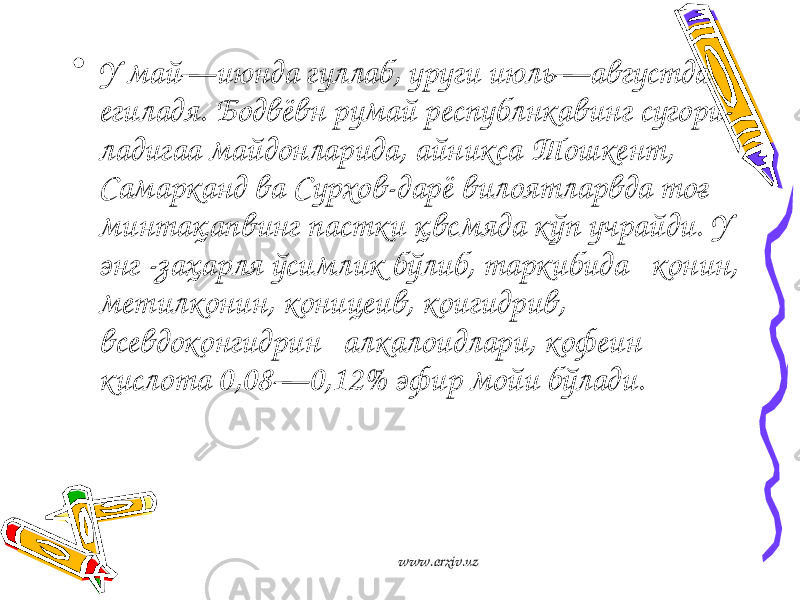 • У май—июнда гуллаб, уруги июль—августда егиладя. Бодвёвн румай республнкавинг сугори- ладигаа майдонларида, айникса Тошкент, Самарканд ва Сурхов-дарё вилоятларвда тоғ минтақапвинг пастки қвсмяда кўп учрайди. У энг -заҳарля ўсимлик бўлиб, таркибида конин, метилконин, коницеив, коигидрив, всевдоконгидрин алкалоидлари, кофеин кислота 0,08—0,12% эфир мойи бўлади. www.arxiv.uz 