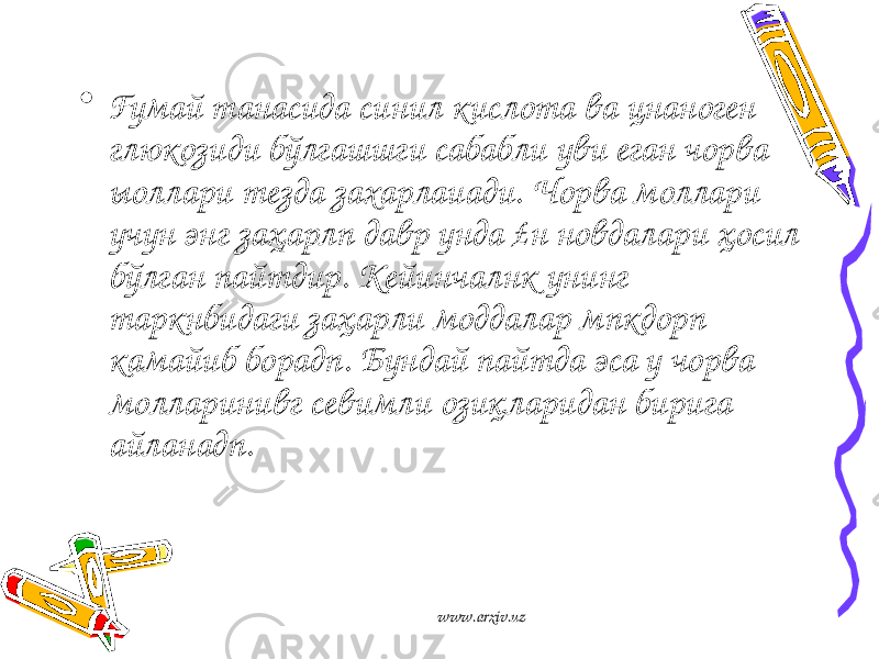 • Ғумай танасида синил кис лота ва цнаноген глюкозиди бўлгашшги сабабли уви еган чорва ыоллари тезда захарлаиади. Чорва моллари учун энг заҳарлп давр унда £н новдалари ҳосил бўлган пайтдир. Кейинчалнк унинг таркнбидаги заҳарли моддалар мпкдорп камайиб борадп. Бундай пайтда эса у чорва молларинивг севимли озиқларидан бирига айланадп. www.arxiv.uz 