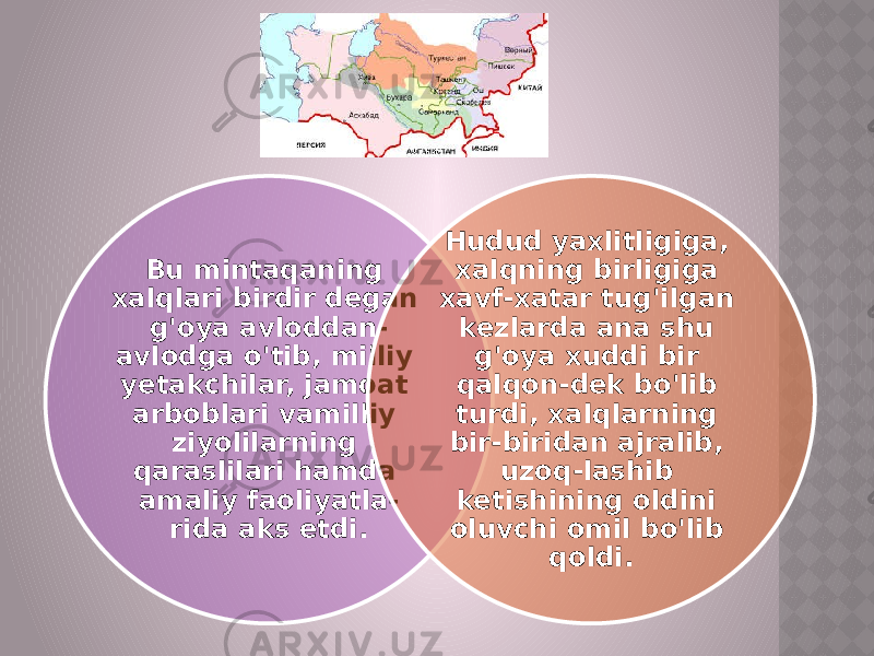 Bu mintaqaning xalqlari birdir degan g&#39;oya avloddan- avlodga o&#39;tib, milliy yetakchilar, jamoat arboblari vamilliy ziyolilarning qaraslilari hamda amaliy faoliyatla- rida aks etdi. Hudud yaxlitligiga, xalqning birligiga xavf-xatar tug&#39;ilgan kezlarda ana shu g&#39;oya xuddi bir qalqon-dek bo&#39;lib turdi, xalqlarning bir-biridan ajralib, uzoq-lashib ketishining oldini oluvchi omil bo&#39;lib qoldi. 